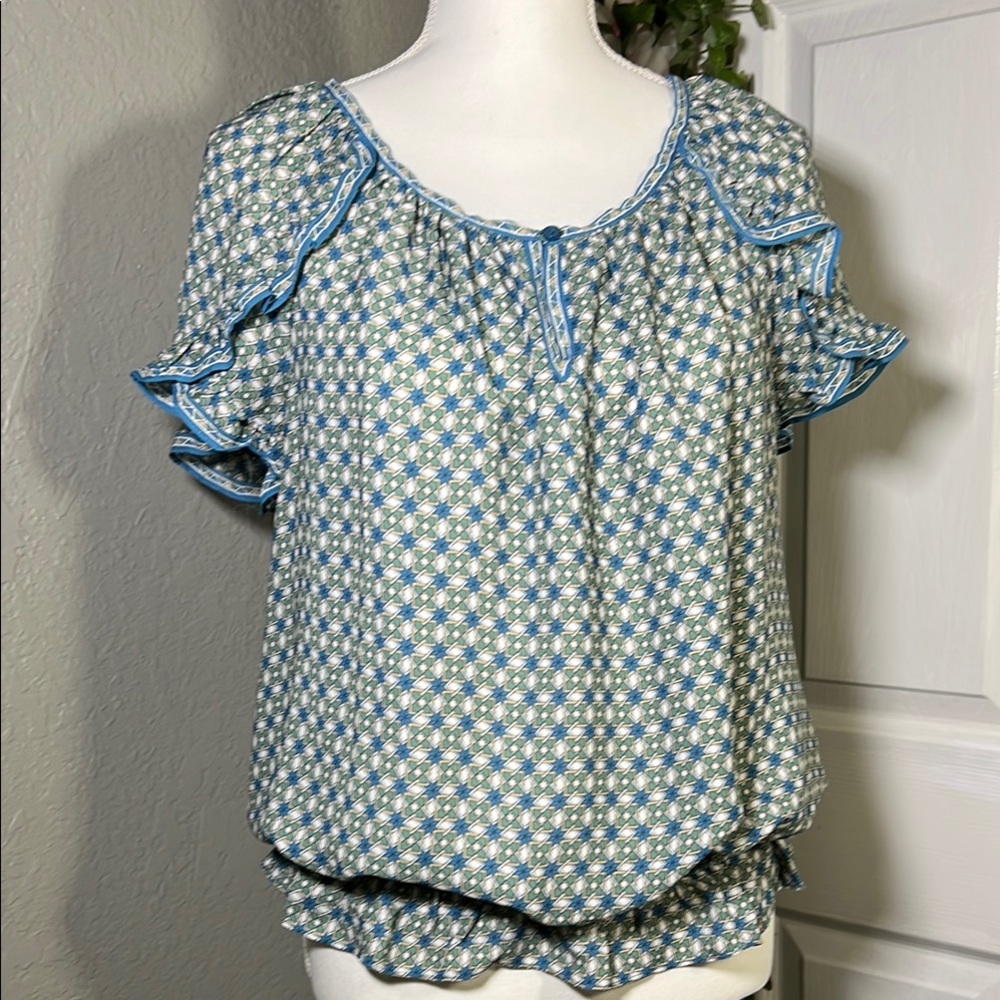 💄Max Studio Blue, Green and White Flutter Sleeve Blouse
